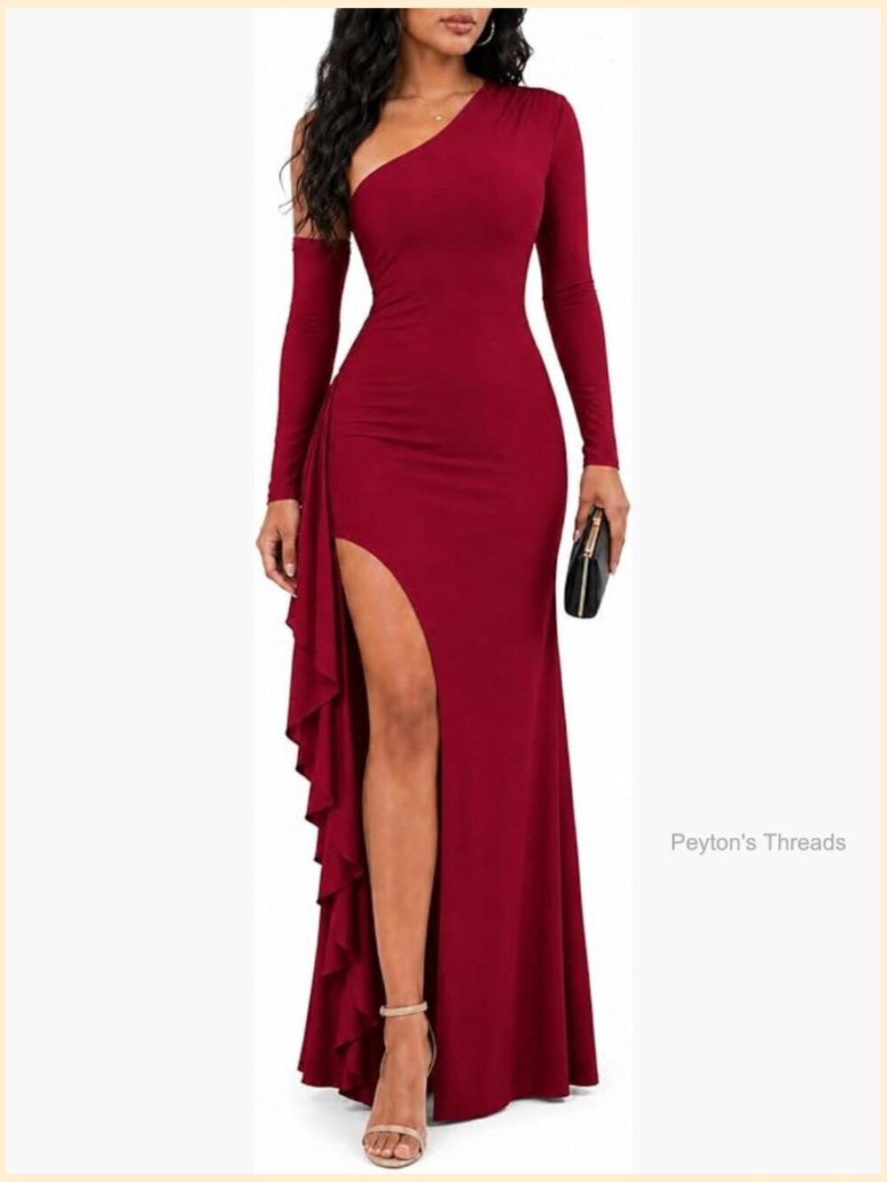 One Shoulder Long Sleeve Maxi Dress with High Slit Bodycon Evening Gown